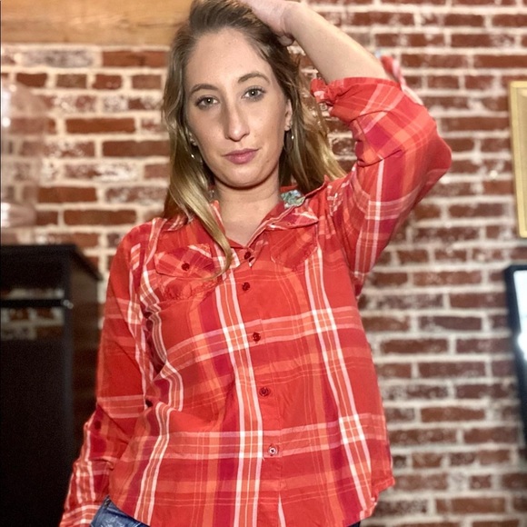 Y2K Overdrive Orange and Red Plaid Flannel Style Top - Picture 5 of 5